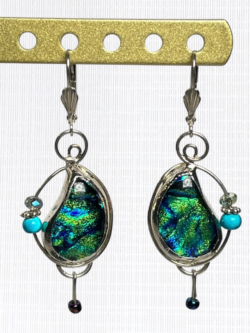 Handcrafted Silver Tone Teardrop Earrings Art Glass Iridescent Foil Cabochons